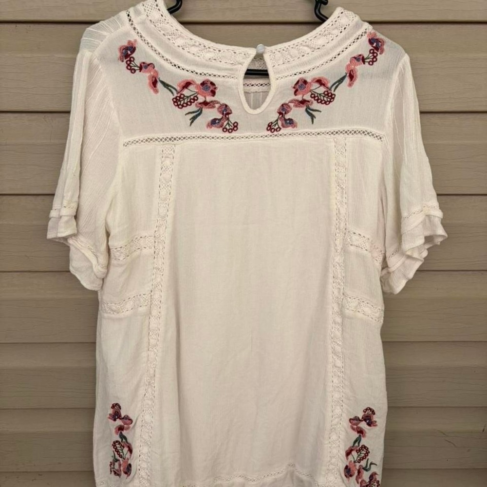 White Floral Embroidered Tunic Blouse | Cottagecore Bohemian Top Medium - Picture 2 of 8